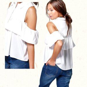 NWT Lara Woven Ruffle Cold Shoulder Top Women Size Large White 100% Nylon